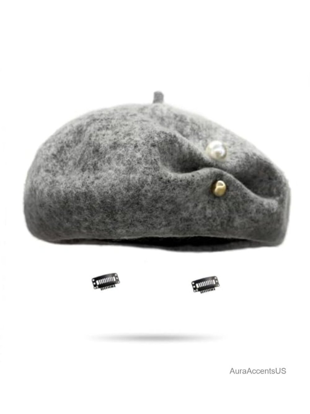 Wool Blend Adjustable Beret Hat with Pearl Brooch - Vintage Style, Unisex